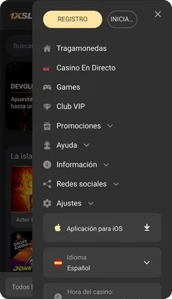 Menu en la aplicación